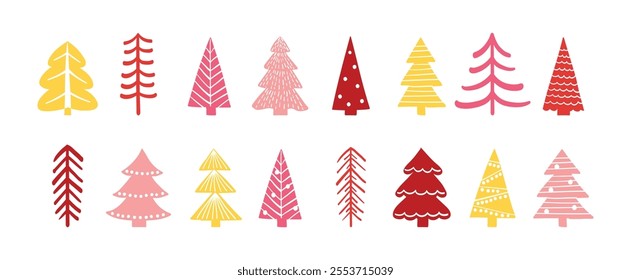 Set with a cute hand drawn Christmas tree icons. X-Mas decorations. Vector illustration