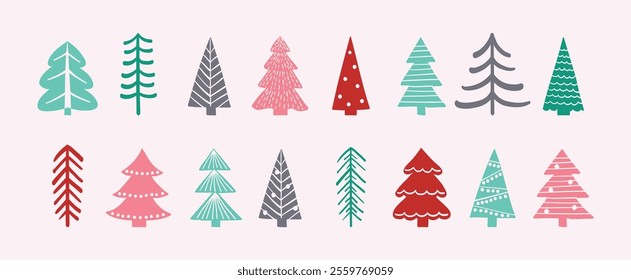 Set with a cute hand drawn Christmas tree icons. X-Mas decorations. Vector illustration