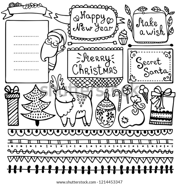 Set of cute hand\
drawn Christmas, New Year’s and winter’s doodle elements isolated\
on white background for bullet journal, diary, planner, greeting,\
invitation, card.