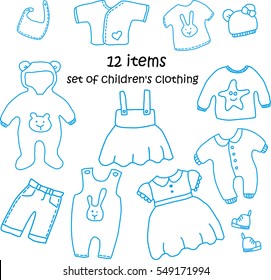 Set of cute hand drawn clothes and toys for babies. Children's clothes vector collection.