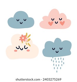 Set of cute hand drawn clouds with flowers and hearts. Vector illustration.