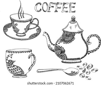 Juego de lindo café dibujado a mano cuchara de jarra de taza Ilustración vectorial