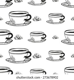 Set of cute hand drawn Coffee and biscuit. Vector illustration. Set of isolated home breakfast decorative elements. Chess grid order black pattern on white background