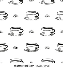 Set of cute hand drawn Coffee and biscuit. Vector illustration. Set of isolated home breakfast decorative elements. Chess grid order black pattern on white background