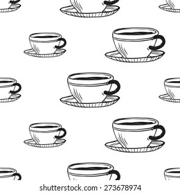 Set of cute hand drawn coffee. Vector illustration. Set of isolated home breakfast decorative elements. Chess grid order black pattern on white background