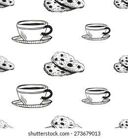 Set of cute hand drawn coffee and biscuit. Vector illustration. Set of isolated home breakfast decorative elements. Chess grid order black pattern on white background