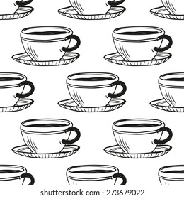 Set of cute hand drawn coffee. Vector illustration. Set of isolated home breakfast decorative elements. Chess grid order black pattern on white background