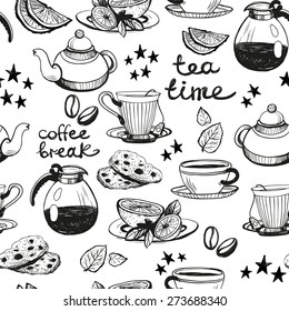 Set of cute hand drawn coffee and tea attributes. Vector illustration. Set of isolated home breakfast decorative elements on white background. Vector seamless pattern background. Seamless design.