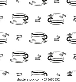Set of cute hand drawn coffee cup. Vector illustration. Set of isolated home breakfast decorative elements. Chess grid order black pattern on white background