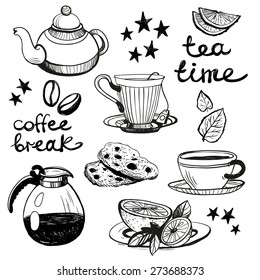 Set of cute hand drawn coffee and tea attributes. Vector illustration. Set of isolated home breakfast decorative elements on white background.