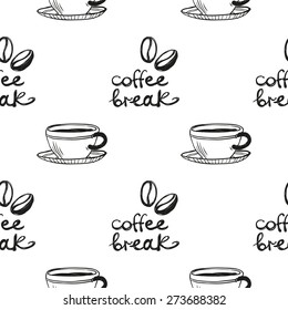 Set of cute hand drawn coffee cup. Vector illustration. Set of isolated home breakfast decorative elements. Chess grid order black pattern on white background