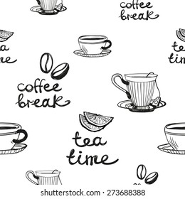 Set of cute hand drawn coffee and tea cups. Vector illustration. Set of isolated home breakfast decorative elements. Chess grid order black pattern on white background