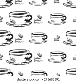 Set of cute hand drawn coffee cup. Vector illustration. Set of isolated home breakfast decorative elements. Chess grid order black pattern on white background