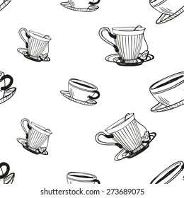 Set of cute hand drawn coffee and tea cup. Vector illustration. Set of isolated home breakfast decorative elements. Chess grid order black pattern on white background
