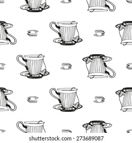 Set of cute hand drawn coffee and tea cup. Vector illustration. Set of isolated home breakfast decorative elements. Chess grid order black pattern on white background