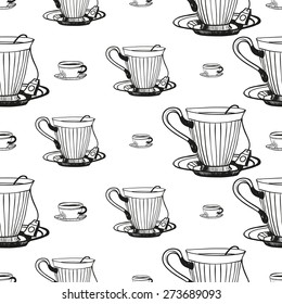 Set of cute hand drawn coffee and tea cup. Vector illustration. Set of isolated home breakfast decorative elements. Chess grid order black pattern on white background
