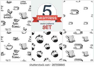 Set of cute hand drawn coffee, tea, cup. Set of 5 vector seamless pattern. Chess grid order pattern.