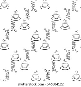Set of cute hand drawn coffee cup, seamless pattern, black on white.