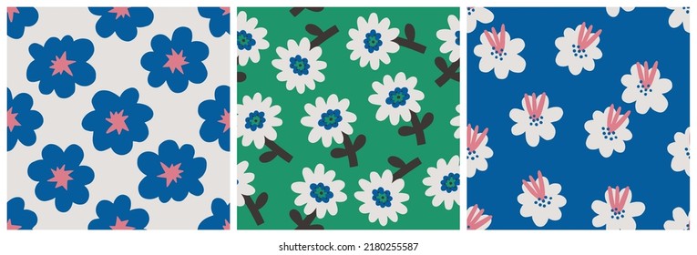Set of cute hand drawn colorful flowers pattern design