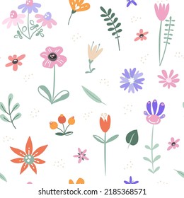 Set of cute hand drawn colorful flowers in scandinavian style on white background. Trendy modern floral seamless pattern of fabric repeatable flower motif. Cute wrapping paper. Tulip seamless print. 