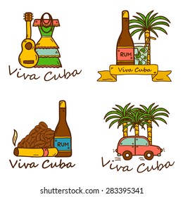 Set of cute hand drawn colorful badges on Cuba theme with rum, coctail Cuba Libre, old car, sugar cane, coffee, guitar, cigar, national woman's dress for your cuban design