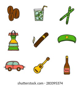 Set of cute hand drawn colorful icons on Cuba theme with rum, coctail Cuba Libre, old car, sugar cane, coffee, guitar, cigar, national woman's dress and famous hat of Che for your cuban design