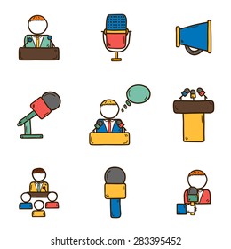 Set of cute hand drawn colorful icons on public speaking theme with people, microphones, speakers, tribunes for business presentation, seminar or conference for your design