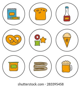 Set of cute hand drawn colorful icons with allergic gluten products: bread, pastry, pasta, beer, yogurt, ice cream, dry breakfast, ketchup and snack food for your design