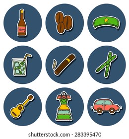 Set of cute hand drawn colorful stickers on Cuba theme with rum, coctail Cuba Libre, old car, sugar cane, coffee, guitar, cigar, national woman's dress and famous hat of Che for your cuban design