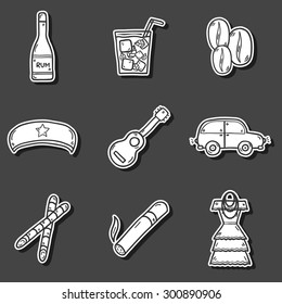 Set of cute hand drawn colorful stickers on Cuba theme with rum, coctail Cuba Libre, old car, sugar cane, coffee, guitar, cigar, national woman's dress and famous hat of Che for your cuban design