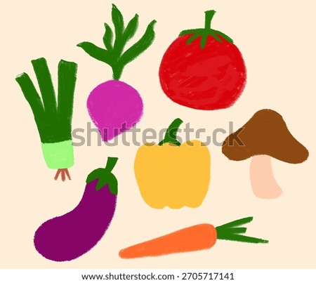 Set of cute hand drawn colorful vegetable doodles with crayon texture including tomato carrot and eggplant on beige background