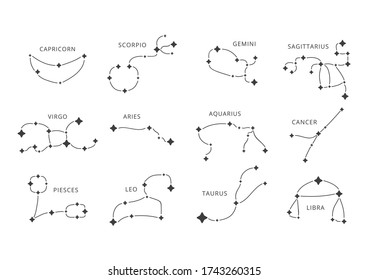 Set of cute hand drawn constellations. Vector zodiac signs.