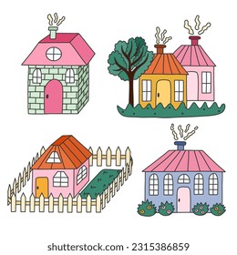 Set of cute hand drawn country house with window, chimney. Cozy village hutches with tree, fence, flowers for kid's bedroom or nursery design. Exterior of home, village buildings, countryside home.