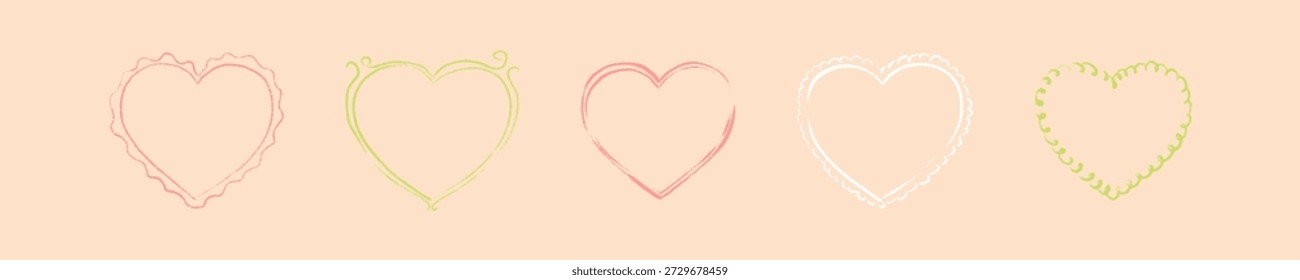 Conjunto de lindos marcos de corazón de doodle de crayón dibujado a mano. Niños caprichosos festoneados dibujando a mano alzada bordes en forma de corazón. Día de San Valentín, boda, despedida de soltera diseño de Elementos de boceto de lápiz