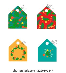 Set of cute hand drawn Cristmas cards, gift tags with abstract strokes and spots , isolated vector objects.