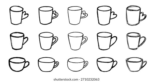 Set of cute hand drawn cup of tea or coffee Simple mug clipart Cozy home doodle Single element for design