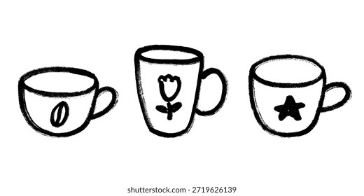 Set süß handgezeichnete Tasse Tee oder Kaffee Einfache Becher Clipart Gemütliches Zuhause doodle Einzelelement für Design