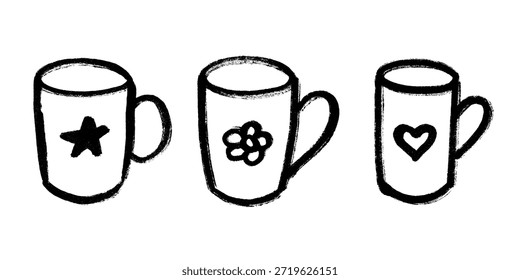 Set of cute hand drawn cup of tea or coffee Simple mug clipart Cozy home doodle Single element for design