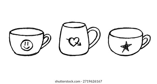 Set of cute hand drawn cup of tea or coffee Simple mug clipart Cozy home doodle Single element for design