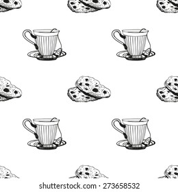 Set of cute hand drawn cup and biscuit. Vector illustration. Set of isolated home breakfast decorative elements. Chess grid order black pattern on white background