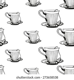 Set of cute hand drawn cup. Vector illustration. Set of isolated home breakfast decorative elements. Chess grid order black pattern on white background