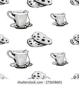 Set of cute hand drawn cup and biscuit. Vector illustration. Set of isolated home breakfast decorative elements. Chess grid order black pattern on white background