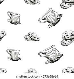 Set of cute hand drawn cup and biscuit. Vector illustration. Set of isolated home breakfast decorative elements. Chess grid order black pattern on white background
