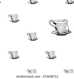 Set of cute hand drawn cup. Vector illustration. Set of isolated home breakfast decorative elements. Chess grid order black pattern on white background