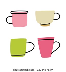 Set of Cute hand drawn cups. Doodle vector illustration.