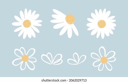 Set of cute hand drawn daisy flower on blue background vector illustration. 