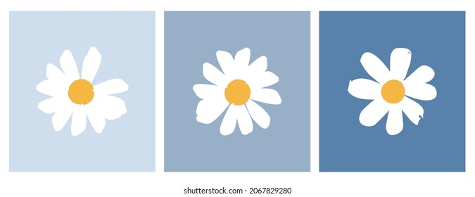 Set of cute hand drawn daisy flower on blue tones color background vector illustration. minimalist flower wallpaper decoration.