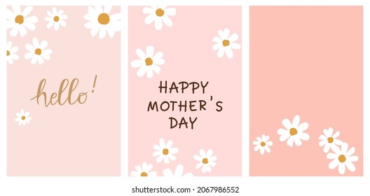 Set of cute hand drawn daisy flower on pink tones color backgrounds vector illustration.