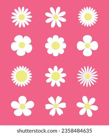 Set of cute hand drawn daisy flower on pink color background vector illustration.