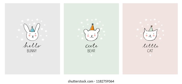 Set of Cute Hand Drawn Decorative Pets Illustration. Pastel Colors. White Cat, Bunny and Bear. Hand Written Letters. White, Pink, Grey and Mint Green Infantile Cards. Lovely Candy Posters.
